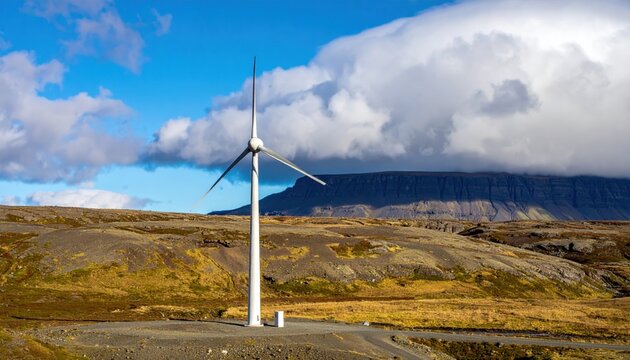 Wind Turbine Surrounded by Dramatic Landscape and Blue Sky