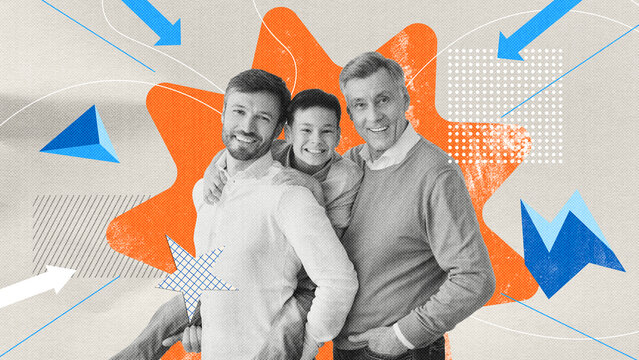 Joyful Moment. Happy Multigenerational Family Featuring Senior Man, Adult Male And Young Boy Smiling Together At Home, Enjoying Quality Time, Embracing Family Bonding In A Cheerful Atmosphere.