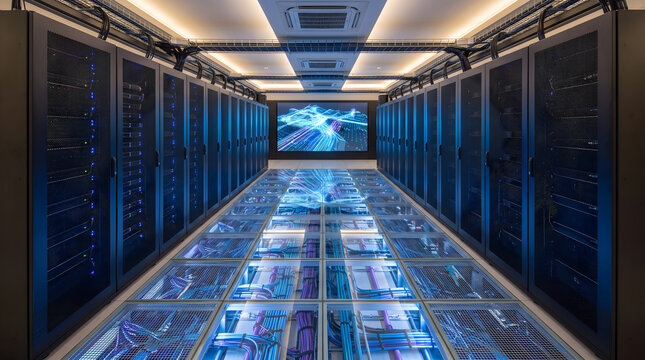 Symmetrical View of Modern High Tech Server Room with Glass Floor and Futuristic Racks