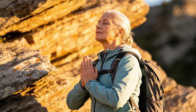 Standing senior woman praying beside sunlit rock in light-blue jacket with hiking pack, copy space