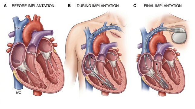 Illustration showing the process of pacemaker implantation in the human heart