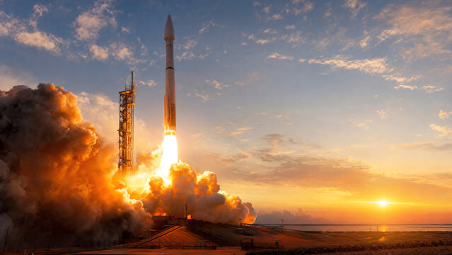 A rocket launching into the sky at sunrise, showcasing advancements in space exploration and technology.