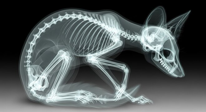 X-ray Image of a Cat Skeleton in a Curled Position