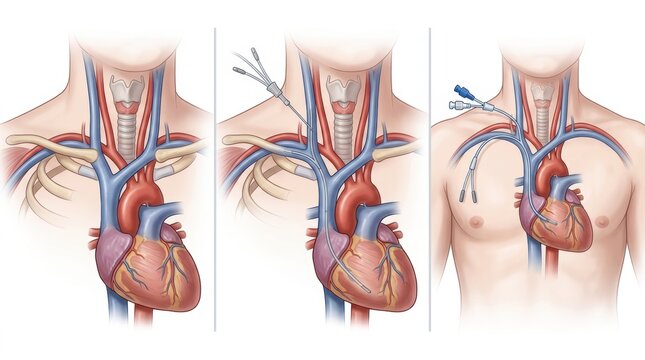 Illustration of central venous catheter insertion into the subclavian vein