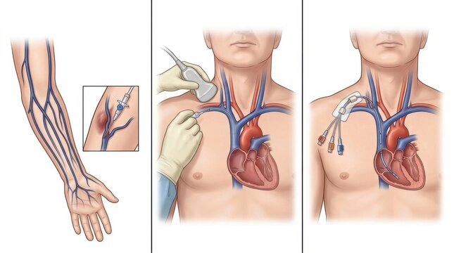 Medical illustration showing central venous catheter insertion and placement
