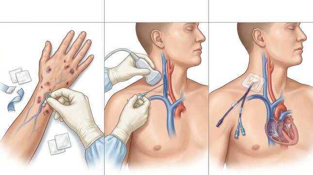Medical illustration showing central venous catheter insertion and placement procedure