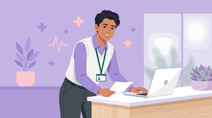 Fototapeta premium Smiling Male Medical Professional Working at Desk with Laptop and Documents