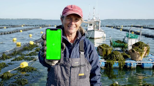 A smiling mature American female aquaculture worker holding and showing a smartphone with a green screen chroma key display during a seaweed harvest at an ocean farm.