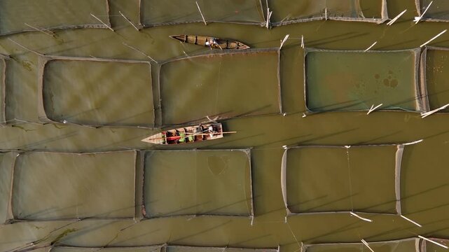 Aerial view of Lake Rawa Pening fish farms with fishermen in wooden boats navigating between net enclosures in Waduk Rawapening, Central Java, Indonesia.