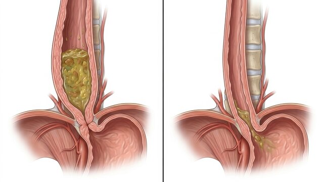 Illustration showing esophageal impaction of food bolus and its passage