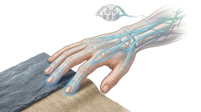 Illustration of human hand touching surfaces, showing nerve pathways and spinal cord