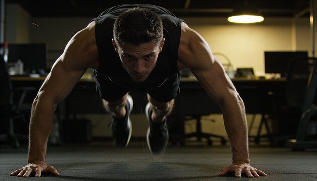Performing male athlete pushing body airborne on rubber gym mat at studio, wearing black tank top