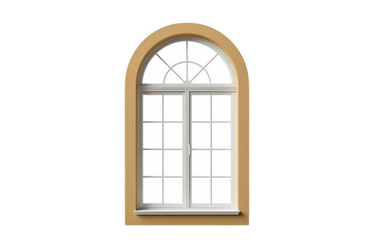 Narrow arched window with tan frame isolated on transparent background