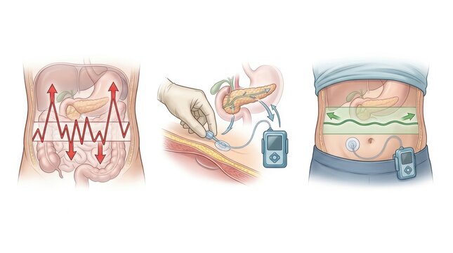 Illustration of pancreatic enzyme replacement therapy and insulin pump usage