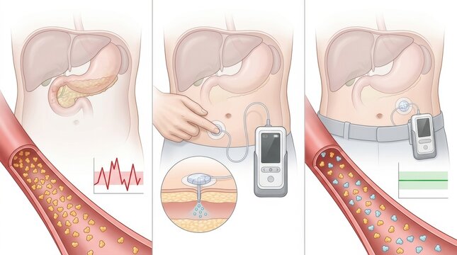 Illustration of insulin pump therapy for diabetes management and blood glucose regulation