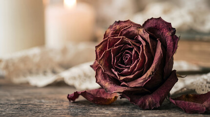 Fototapeta premium Dried Rose, Romantic Background, Sad red rose dried and aged with time in close-up and detail for romantic background