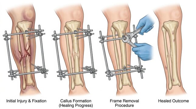 Diagram illustrating the stages of tibia fracture healing with external fixation