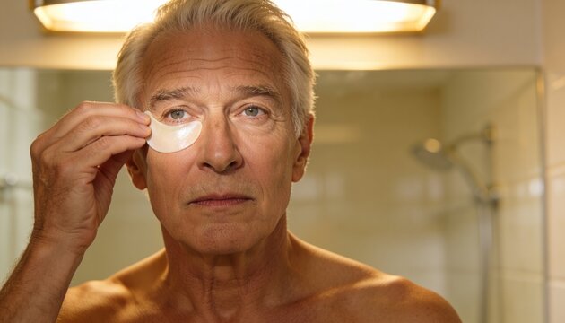 Applying crescent undereye patch senior man barechested checking mirror in bathroom by vanity light