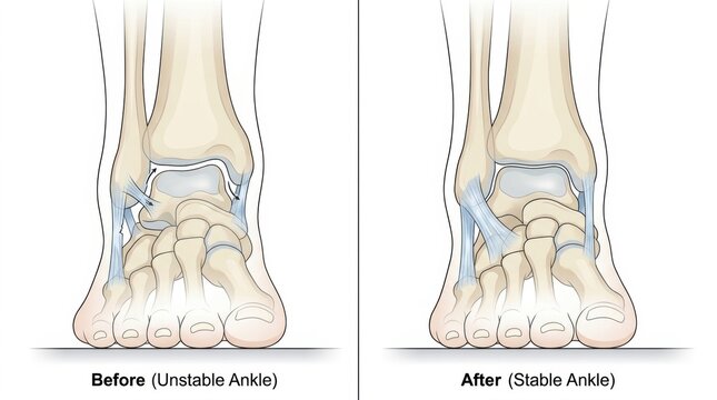 Anatomy illustration comparing unstable and stable ankle ligaments before and after treatment