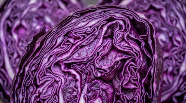 Macro photograph of cross section of fresh red cabbage showing tightly wound purple leaf layers