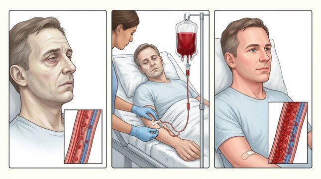 Patient receiving blood transfusion in hospital bed with medical professional nearby