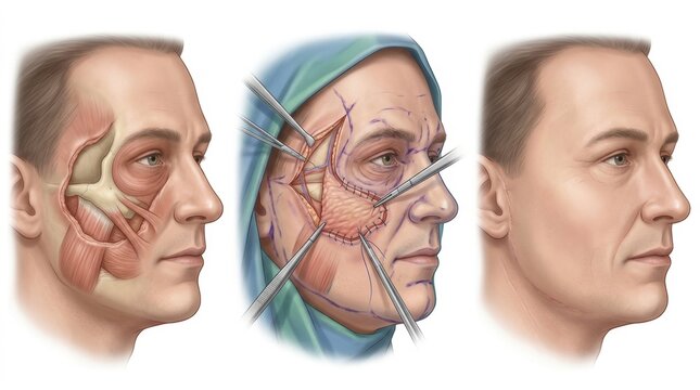 Facelift surgery illustration showing anatomical layers and surgical procedure