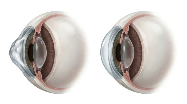 Cross-section of human eyes showing astigmatism correction with contact lenses