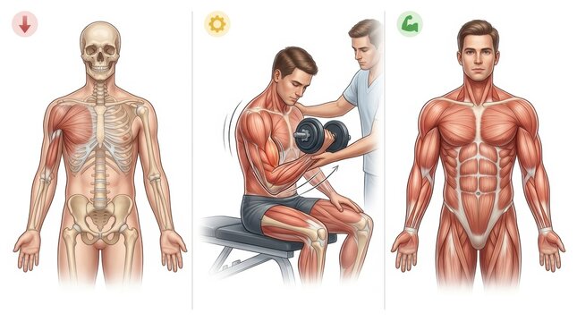 Anatomy of human muscles and skeleton with exercise illustration