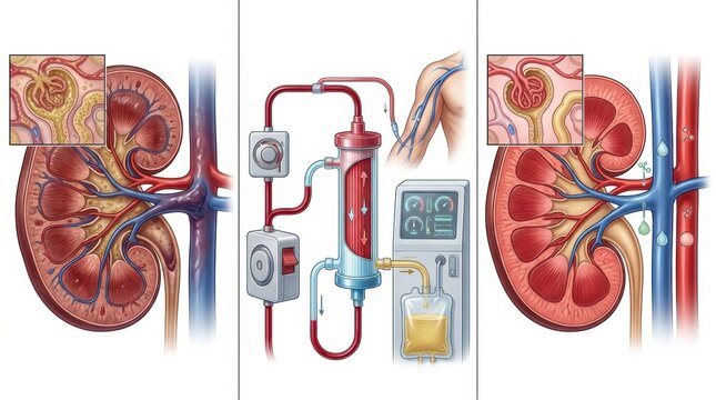 Diagram illustrating kidney anatomy and hemodialysis machine function