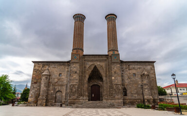 Fototapeta premium Front Facade of Historic Double Minaret Madrasa in Erzurum