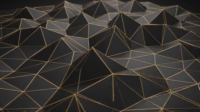 Dark Low Poly Geometric Landscape with Gold Wireframe Edges Waving