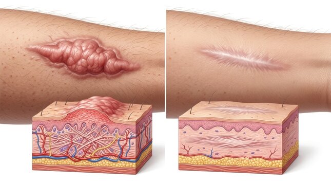 Comparison of hypertrophic scar and normal scar tissue in skin cross-section