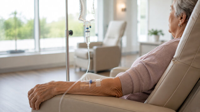 Senior woman receiving intravenous infusion treatment in modern clinic