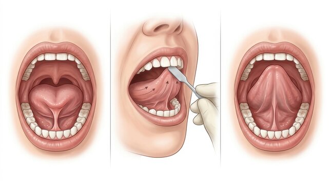 Close-up illustration of human mouth showing tongue examination and anatomy