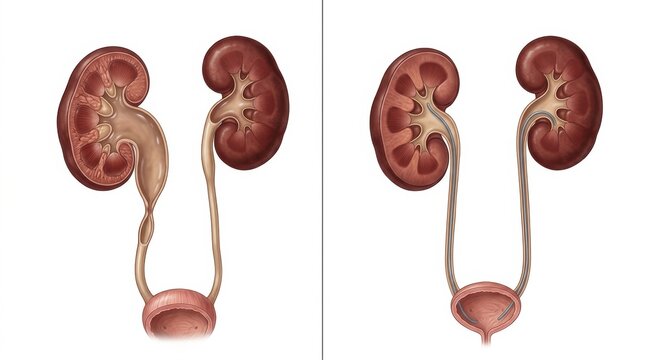 Comparison of healthy and obstructed urinary tract with ureteral stent placement
