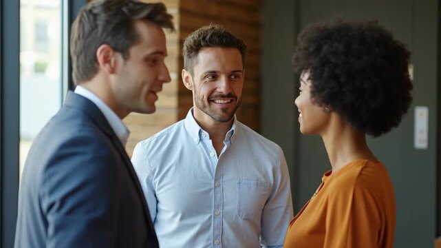 Happy multiethnic business team talking together in office lobby.
