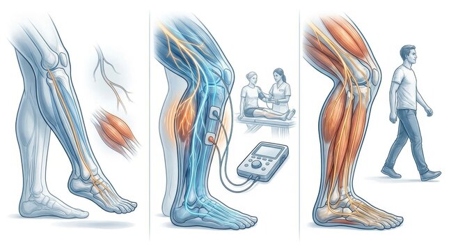 Illustration of leg anatomy and nerve stimulation for physical therapy