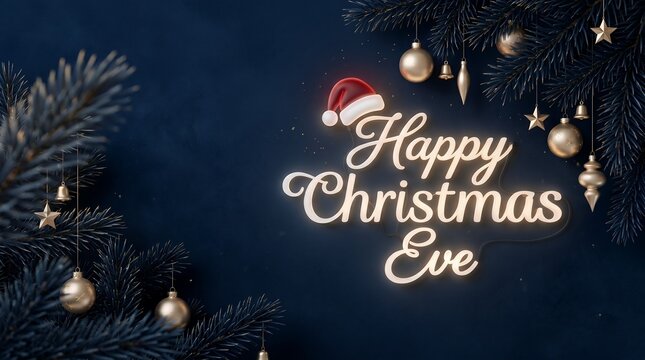 Festive Glowing Text "Happy Christmas Eve" with Ornate Baubles and Pine Branches on Dark Background