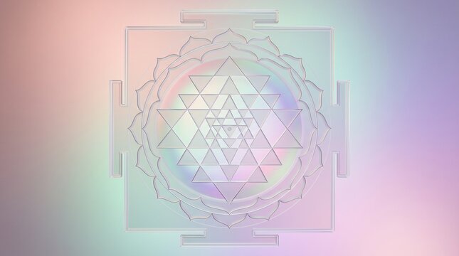 3D rendered glass Sri Yantra sacred geometry on holographic pastel background, perfect for spiritual meditation and wellness content.