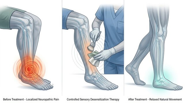 Neuropathic pain treatment showing before, during, and after therapy