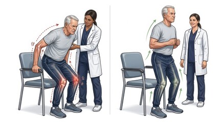 Obraz premium Elderly man with knee pain exercises with physical therapist support