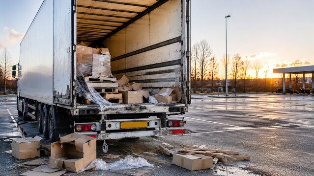 Damaged cargo packages and broken pallets inside open truck trailer at logistics parking area