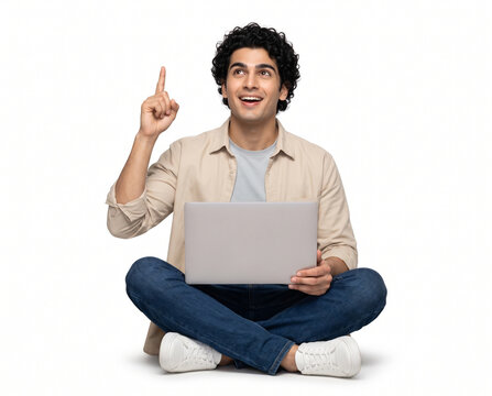 Young Indian college student pointing upward with new idea while using laptop for study abroad education career guidance university application scholarship and visa planning