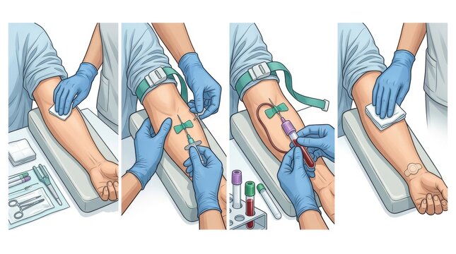 Medical illustration showing the step-by-step process of drawing blood from a patient's arm