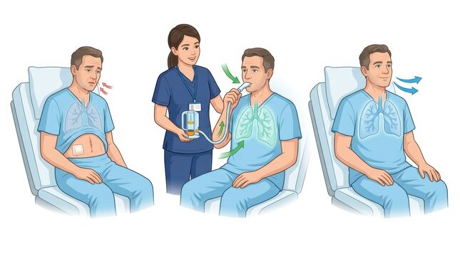 Patient using incentive spirometer with nurse assistance for lung therapy