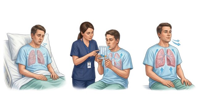 Nurse demonstrates incentive spirometer use to patient for lung rehabilitation