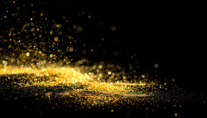 Fototapeta premium Golden glitter particle cloud on black background creating sparkling abstract celebration texture with glowing dust, bokeh, and festive atmosphere Christmas Concept