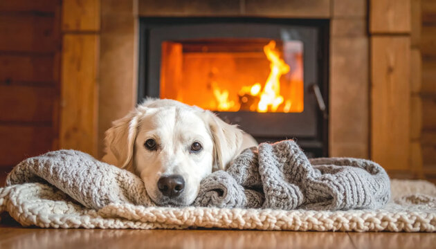 Golden retriever puppy resting under knitted blanket beside fireplace Christmas Concept