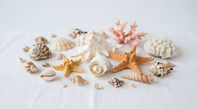 A diverse arrangement of various seashells, two orange starfish, and two pieces of coral, one pink and one white, beautifully displayed on a white textured surface