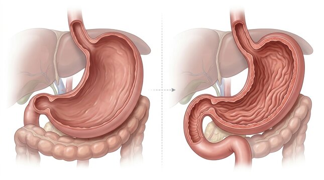 Anatomical illustration comparing a healthy stomach to a stomach with a hiatal hernia